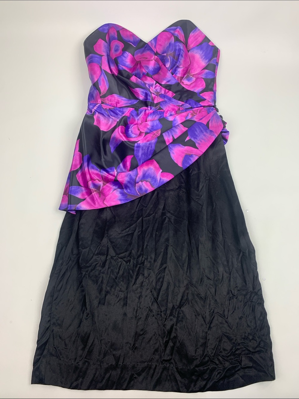 Vintage 1980s Strapless Black Dress Pink Purple Floral top BB/Collections Size 8